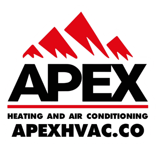 Logo with red mountain peaks above bold black "APEX" text. Below, "HEATING AND AIR CONDITIONING" and "APEXHVAC.CO" in black, separated by a red line.